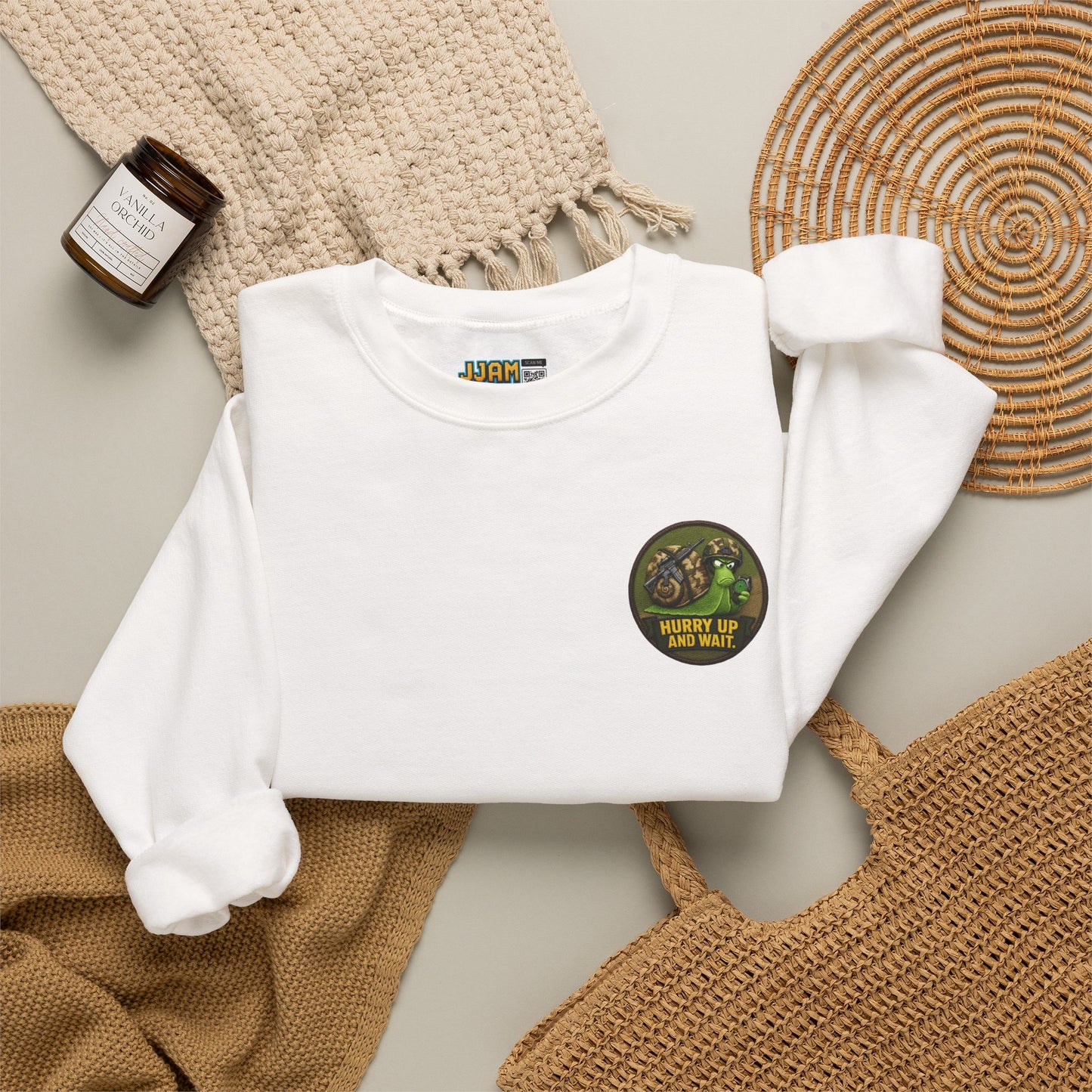 'Hurry Up and Wait' Patch [front/lrg.back- Sweatshirt