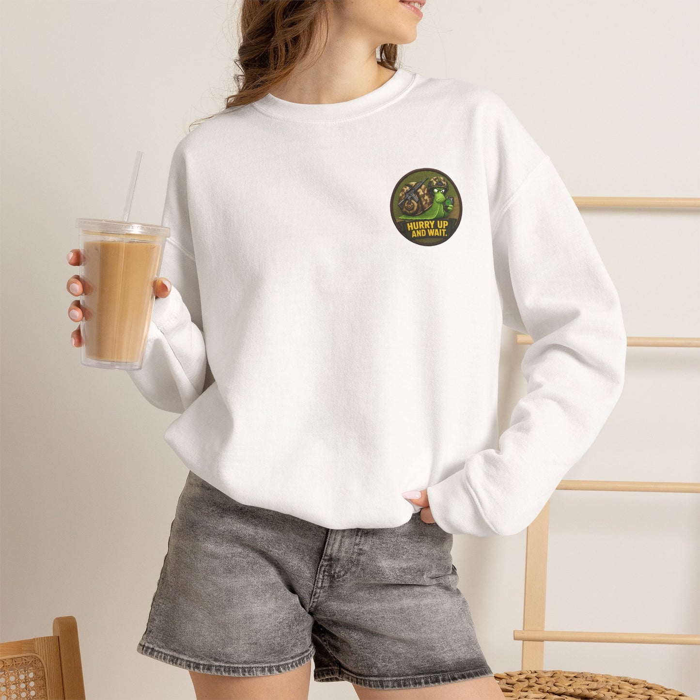'Hurry Up and Wait' Patch [front/lrg.back- Sweatshirt