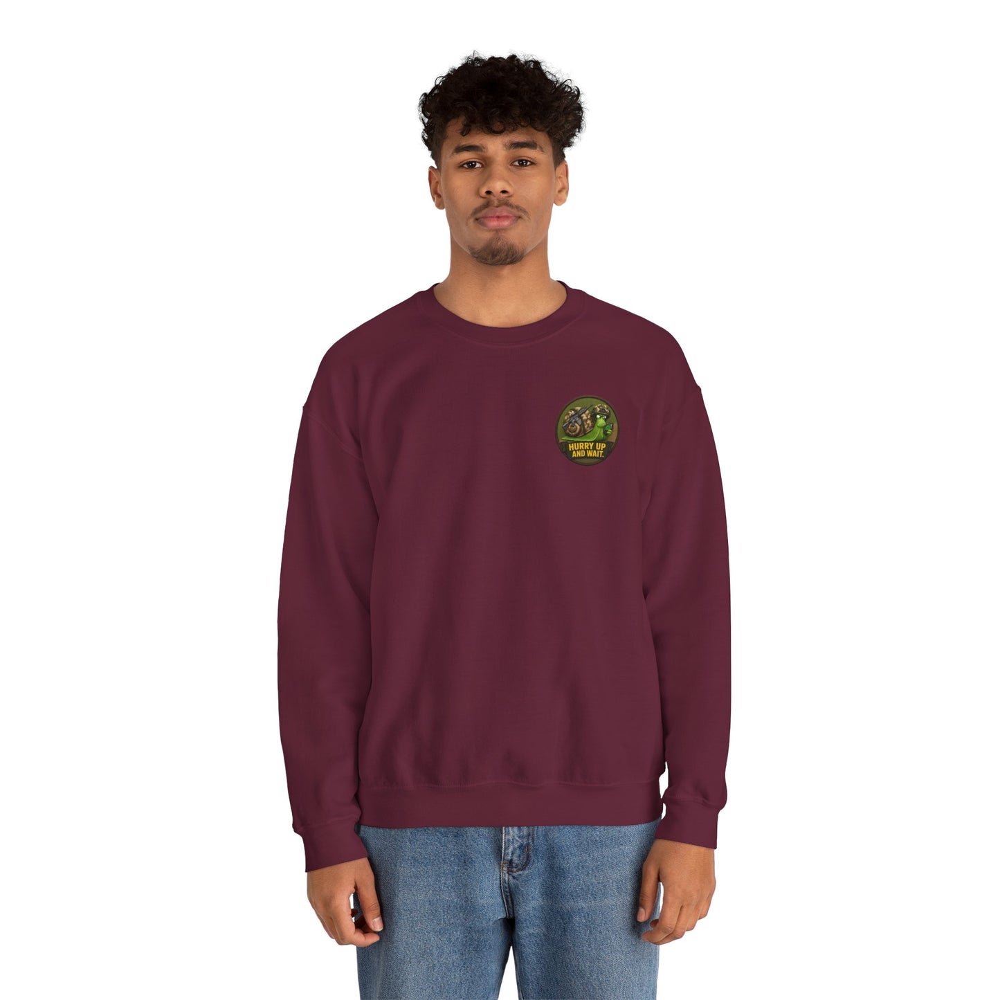 'Hurry Up and Wait' Patch [front/lrg.back- Sweatshirt